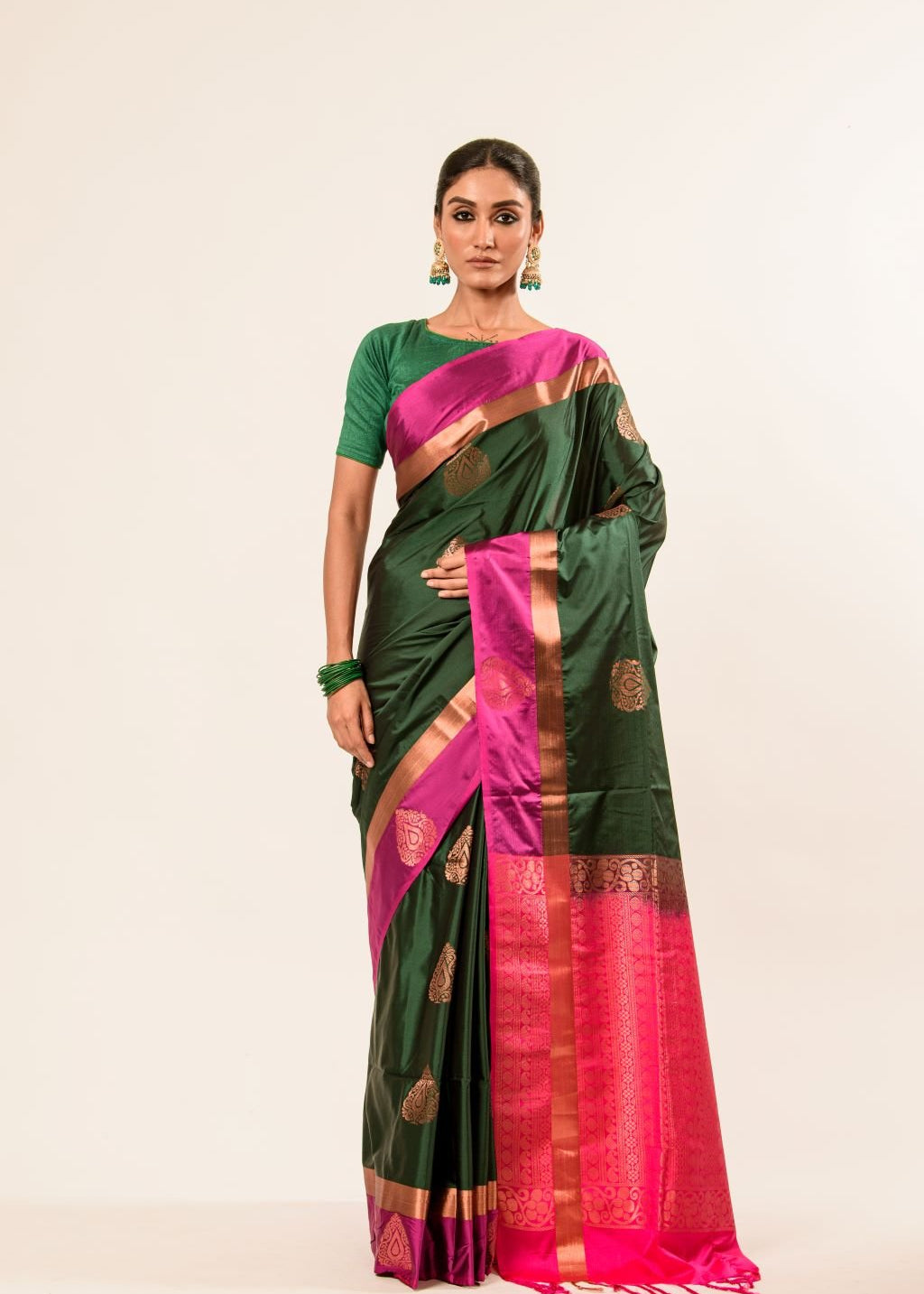 Castleton Green Kanjeevaram Silk Saree with Pink and Gold Border - Anvi Couture