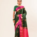 Castleton Green Kanjeevaram Silk Saree with Pink and Gold Border - Anvi Couture