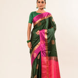 Castleton Green Kanjeevaram Silk Saree with Pink and Gold Border - Anvi Couture