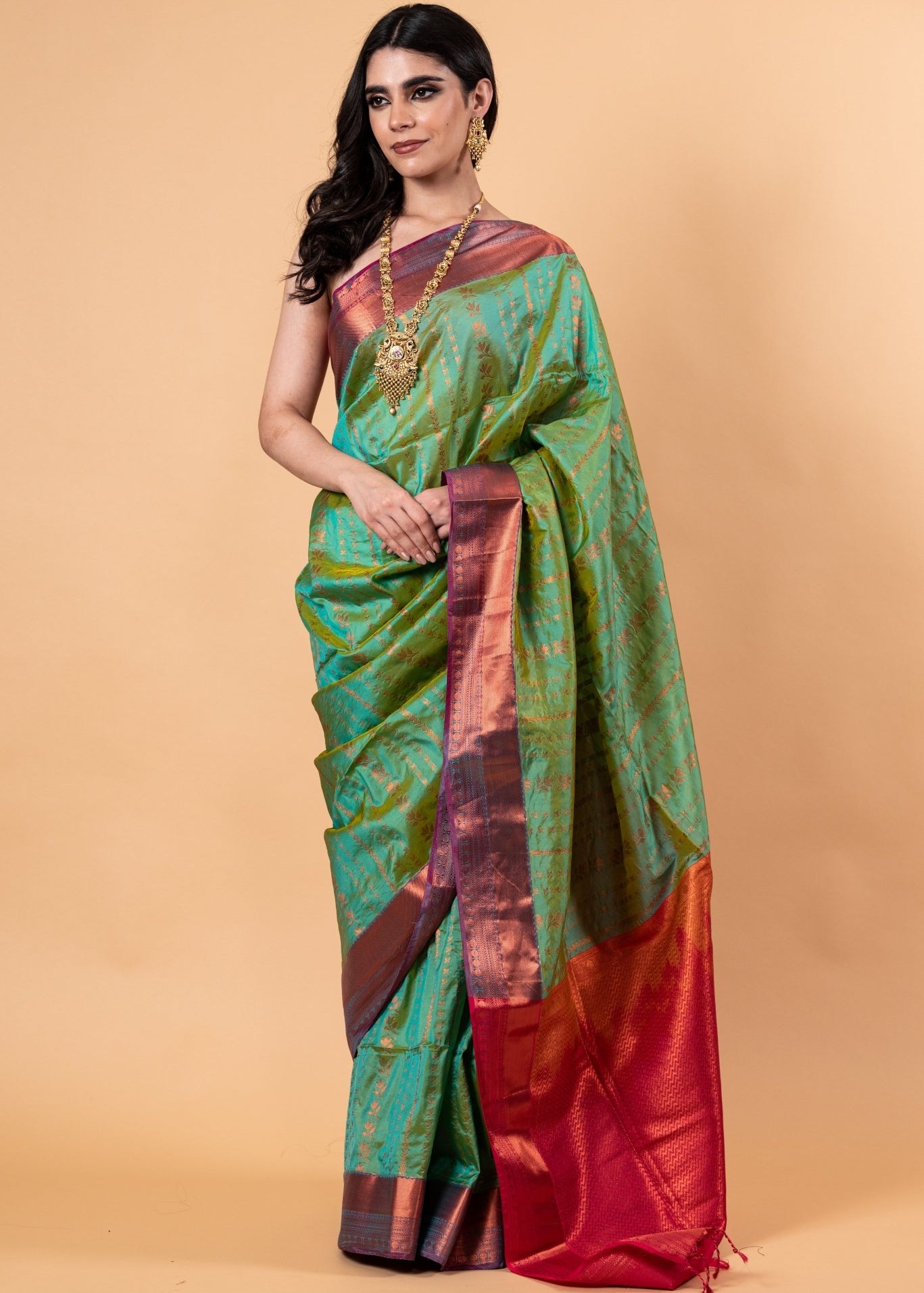 Parrot Green Silk Saree with Copper Zari Woven - Anvi Couture