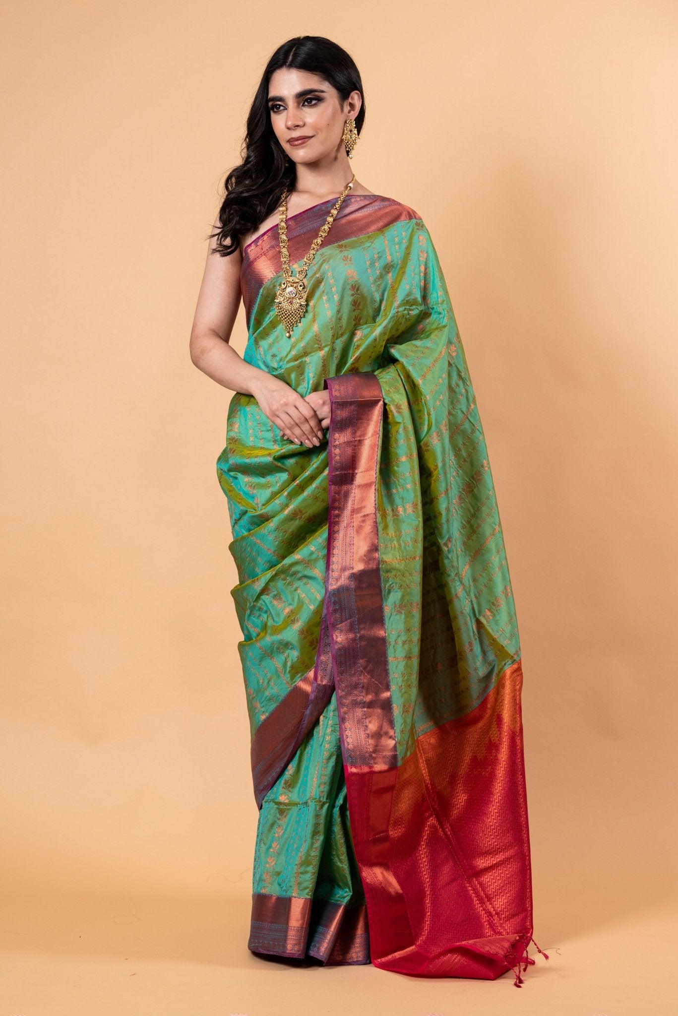 Parrot Green Silk Saree with Copper Zari Woven - Anvi Couture