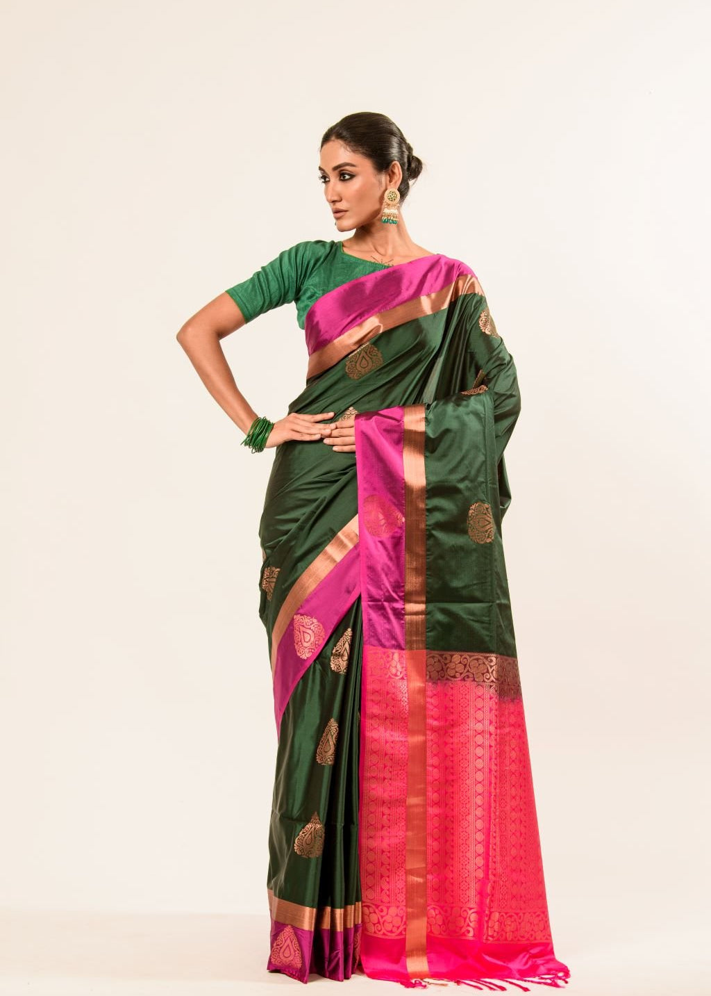 Castleton Green Kanjeevaram Silk Saree with Pink and Gold Border - Anvi Couture