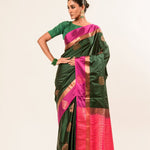 Castleton Green Kanjeevaram Silk Saree with Pink and Gold Border - Anvi Couture