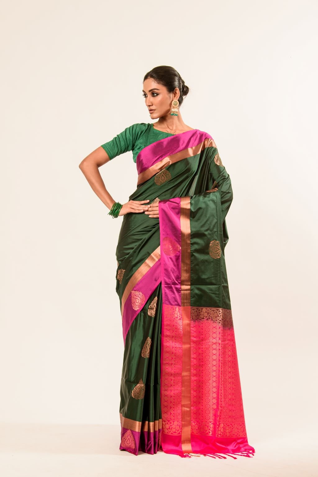 Castleton Green Kanjeevaram Silk Saree with Pink and Gold Border - Anvi Couture