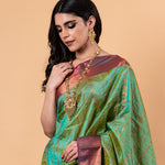 Parrot Green Silk Saree with Copper Zari Woven - Anvi Couture