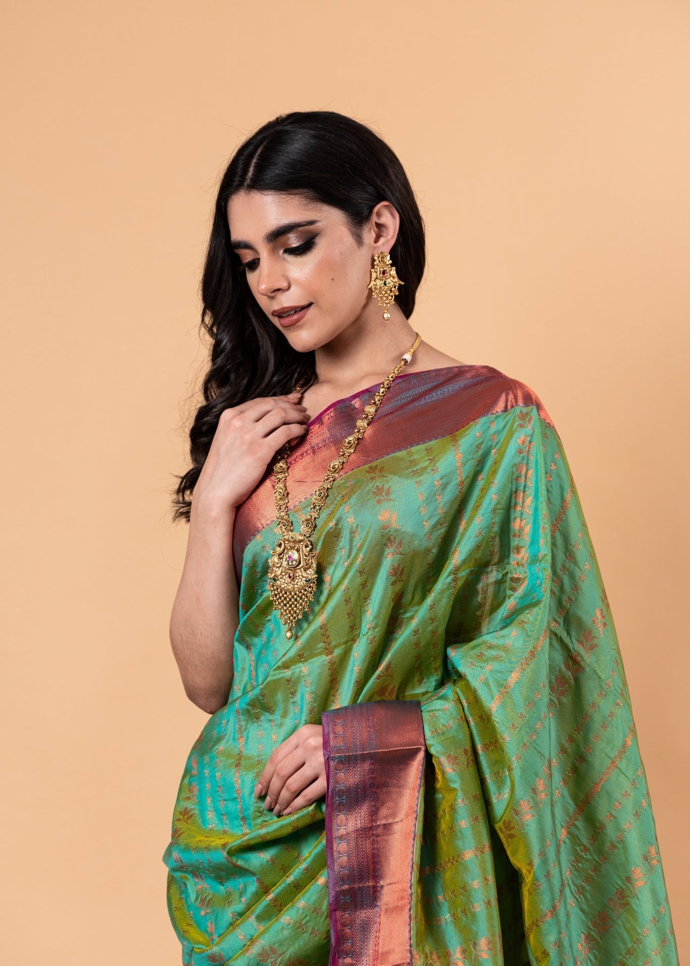 Parrot Green Silk Saree with Copper Zari Woven - Image 3