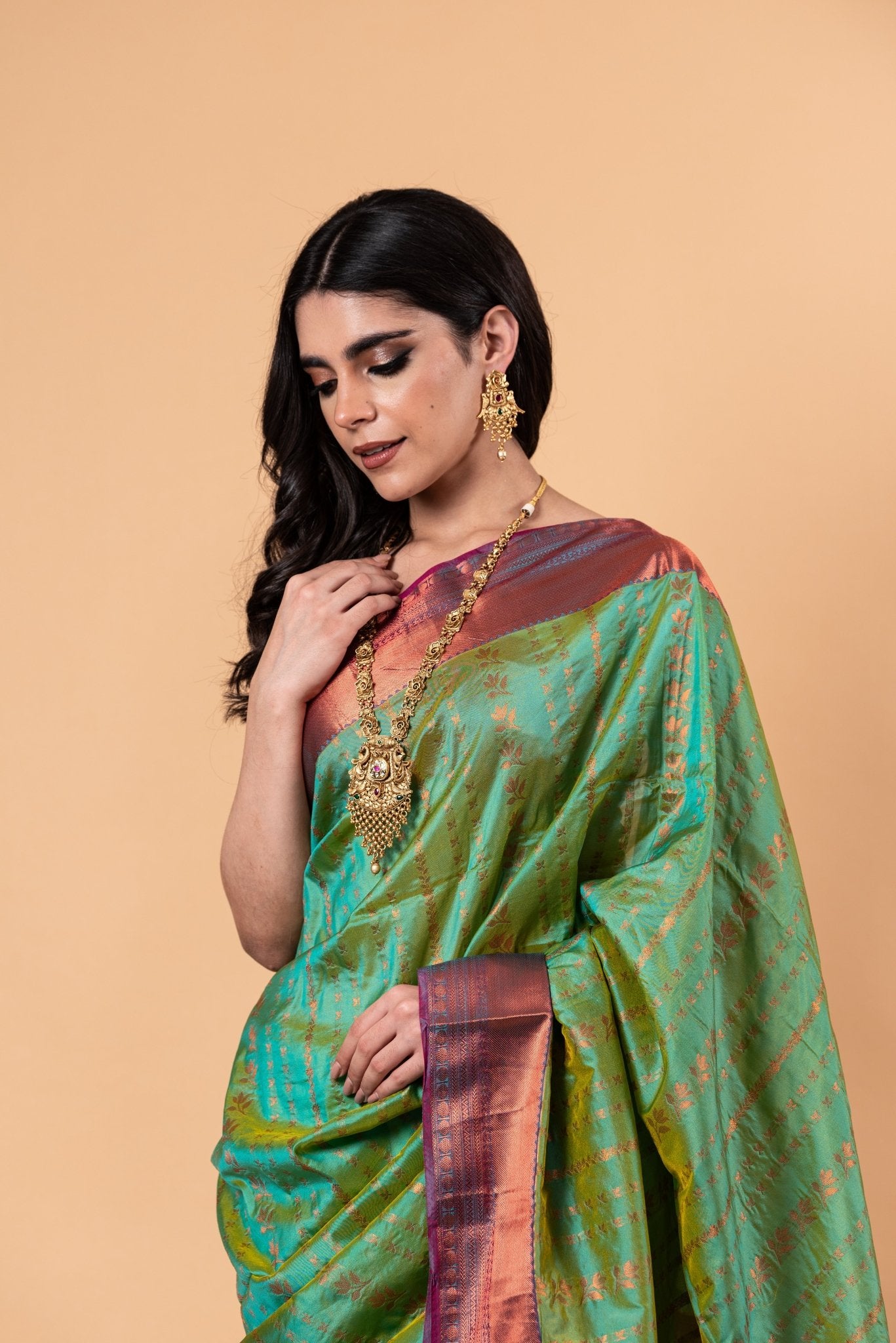 Parrot Green Silk Saree with Copper Zari Woven - Anvi Couture