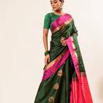 Castleton Green Kanjeevaram Silk Saree with Pink and Gold Border - Anvi Couture