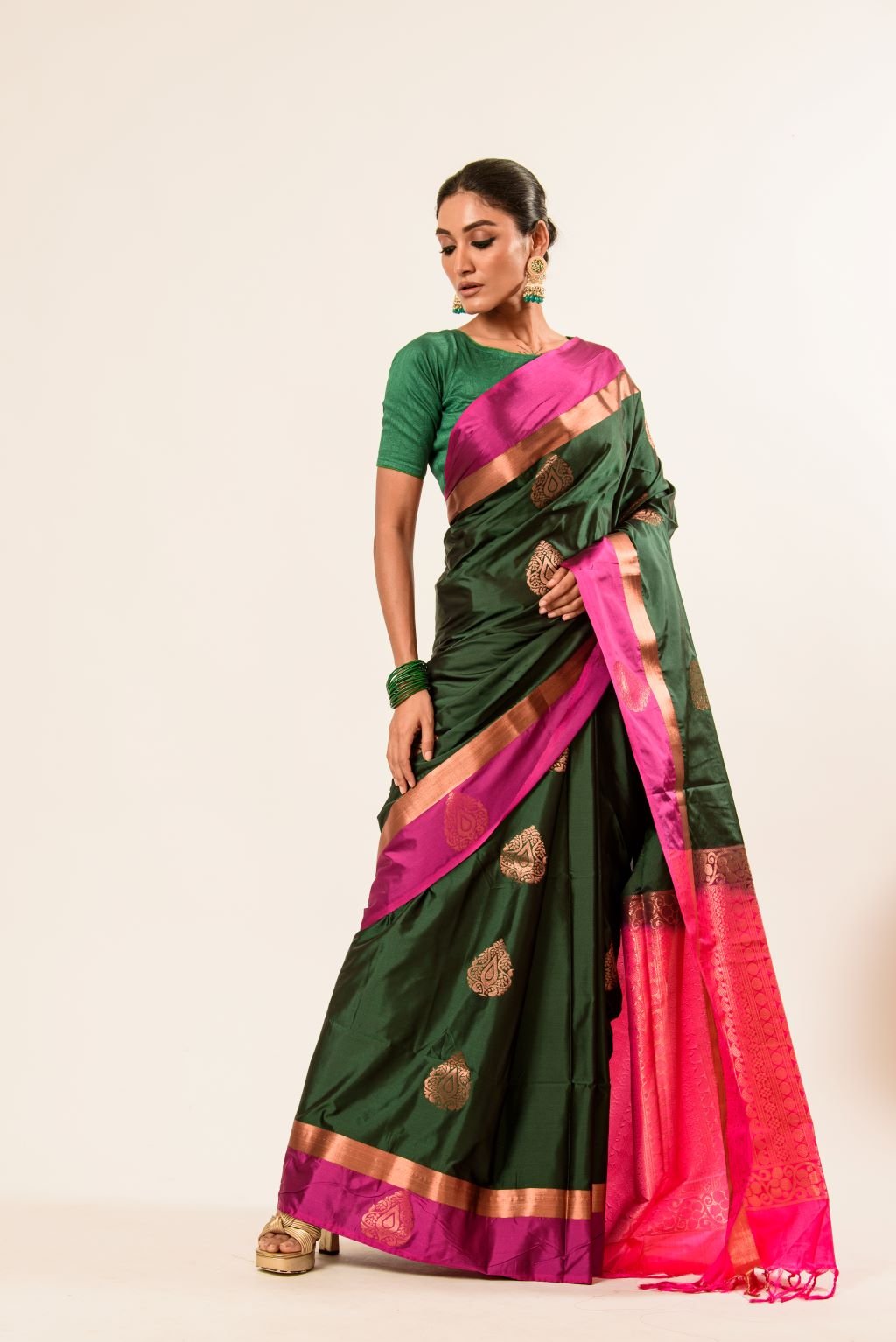 Castleton Green Kanjeevaram Silk Saree with Pink and Gold Border - Anvi Couture