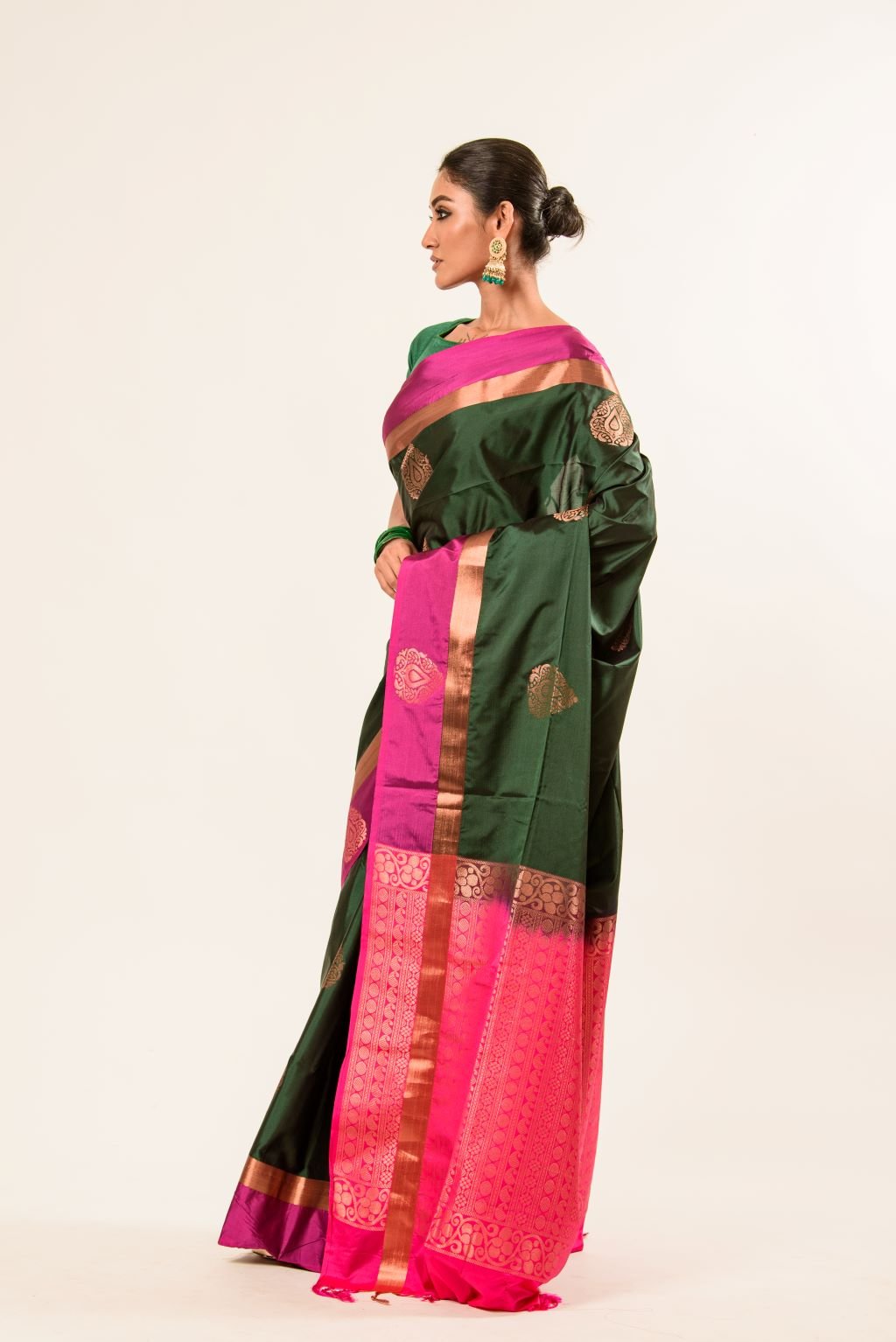 Castleton Green Kanjeevaram Silk Saree with Pink and Gold Border - Anvi Couture