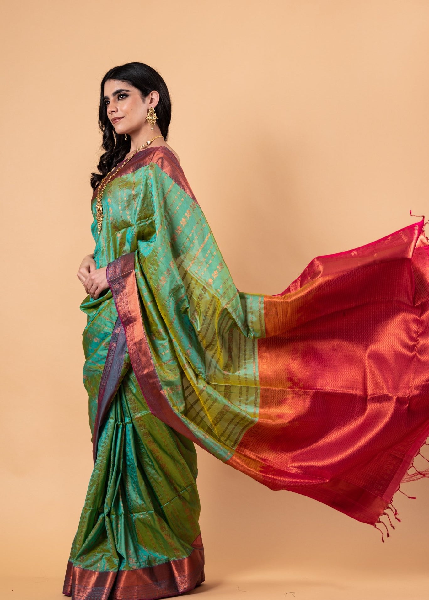 Parrot Green Silk Saree with Copper Zari Woven - Image 4