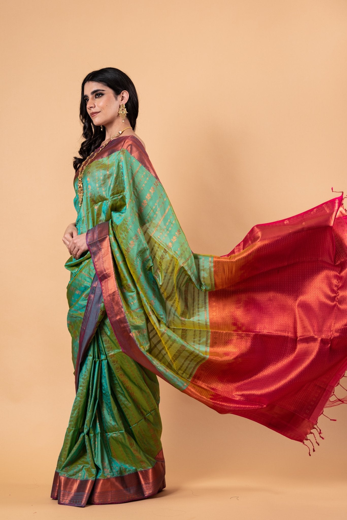 Parrot Green Silk Saree with Copper Zari Woven - Anvi Couture