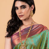 Parrot Green Silk Saree with Copper Zari Woven - Anvi Couture