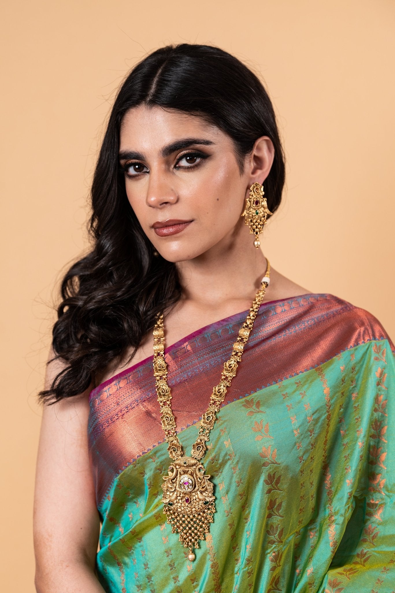Parrot Green Silk Saree with Copper Zari Woven - Anvi Couture