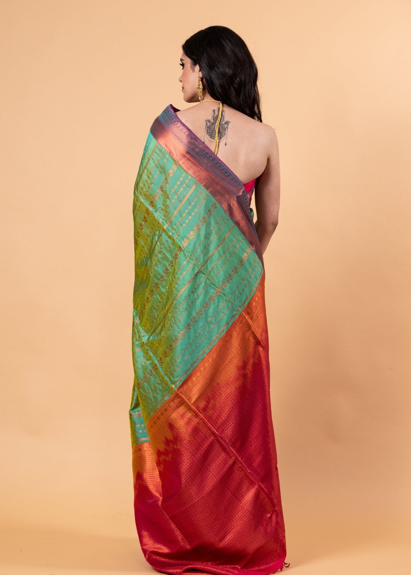 Parrot Green Silk Saree with Copper Zari Woven - Image 5