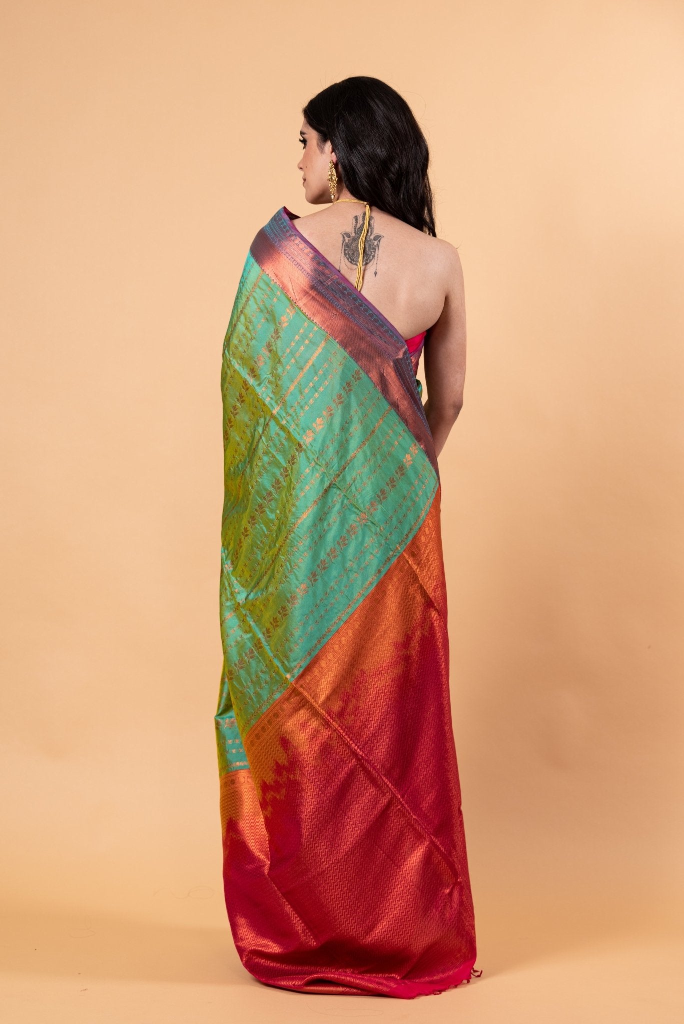 Parrot Green Silk Saree with Copper Zari Woven - Anvi Couture