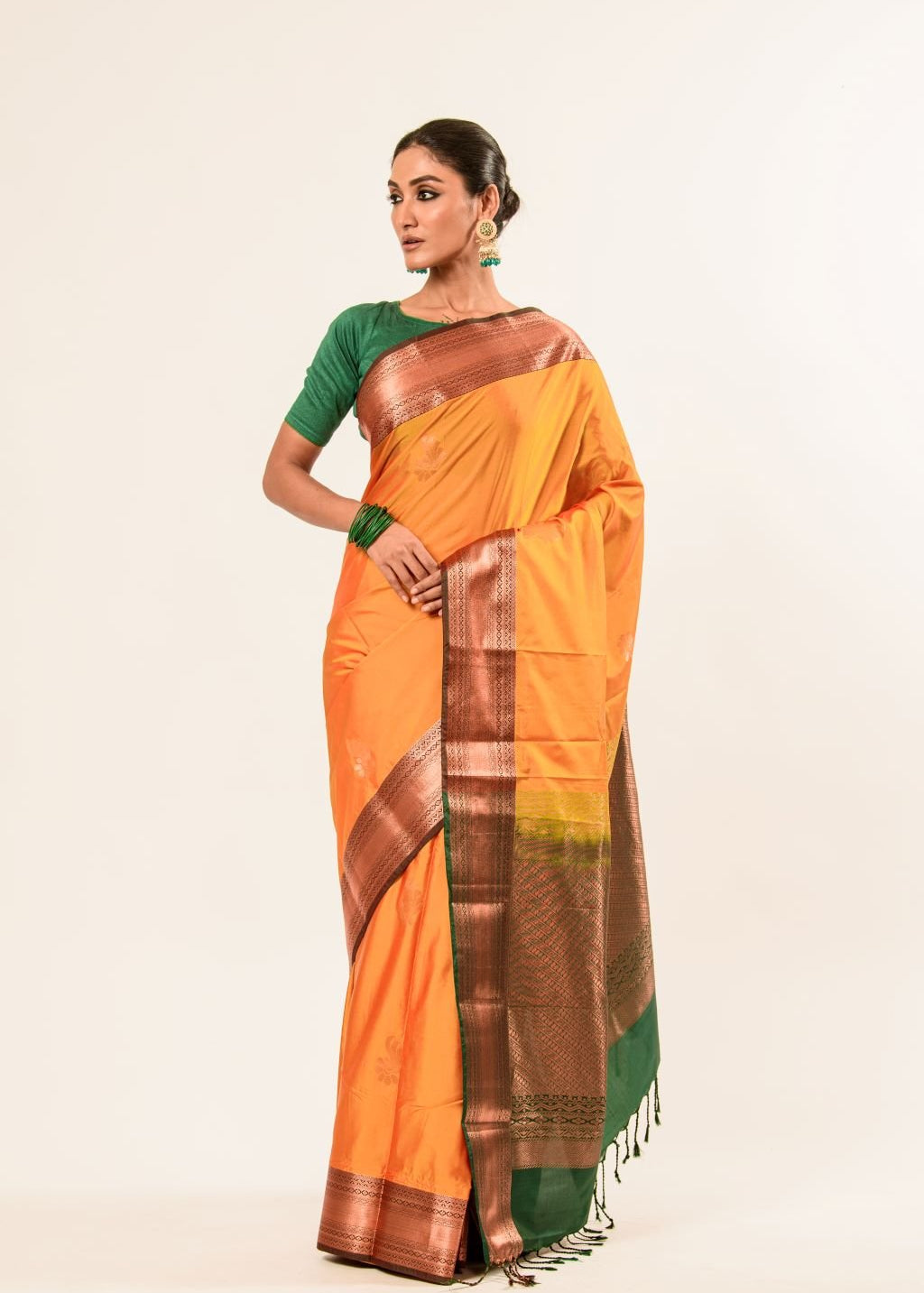 Traditional South Indian Mustard Yellow Kanjeevaram Silk Saree with Green Zari Border - Anvi Couture