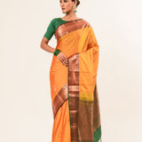 Traditional South Indian Mustard Yellow Kanjeevaram Silk Saree with Green Zari Border - Anvi Couture