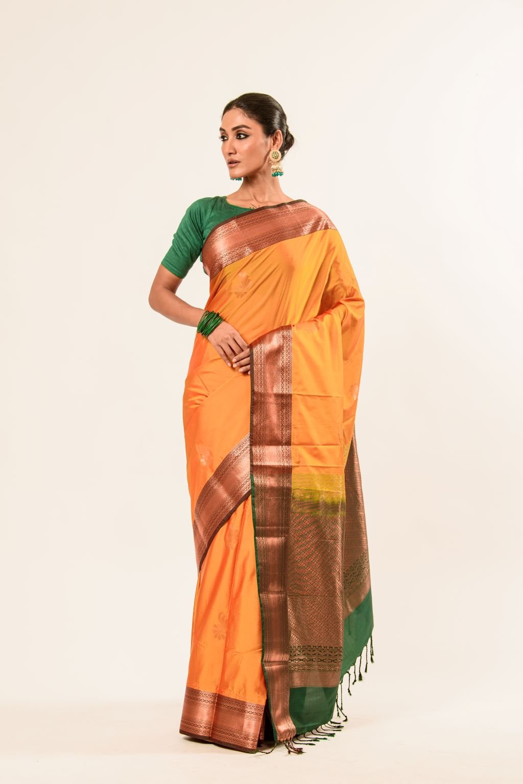 Traditional South Indian Mustard Yellow Kanjeevaram Silk Saree with Green Zari Border - Anvi Couture