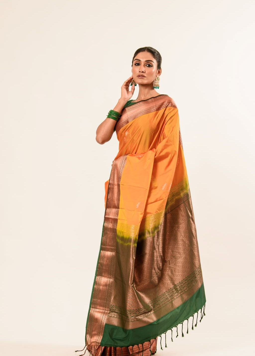 Traditional South Indian Mustard Yellow Kanjeevaram Silk Saree with Green Zari Border - Anvi Couture