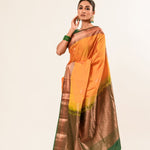 Traditional South Indian Mustard Yellow Kanjeevaram Silk Saree with Green Zari Border - Anvi Couture