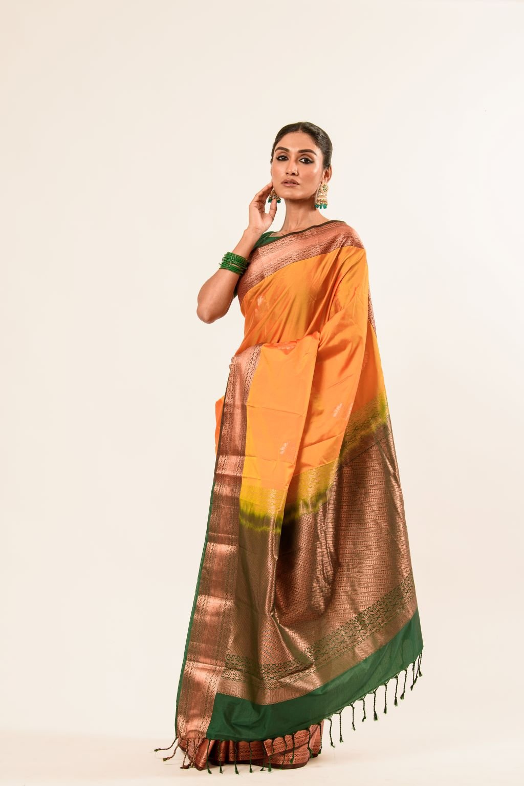 Traditional South Indian Mustard Yellow Kanjeevaram Silk Saree with Green Zari Border - Anvi Couture