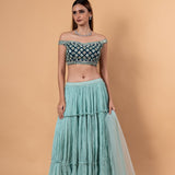 Pastel Blue Lehenga Set With Heavy Embroidered Off Shoulder Choli and Net Dupatta - Anvi Couture