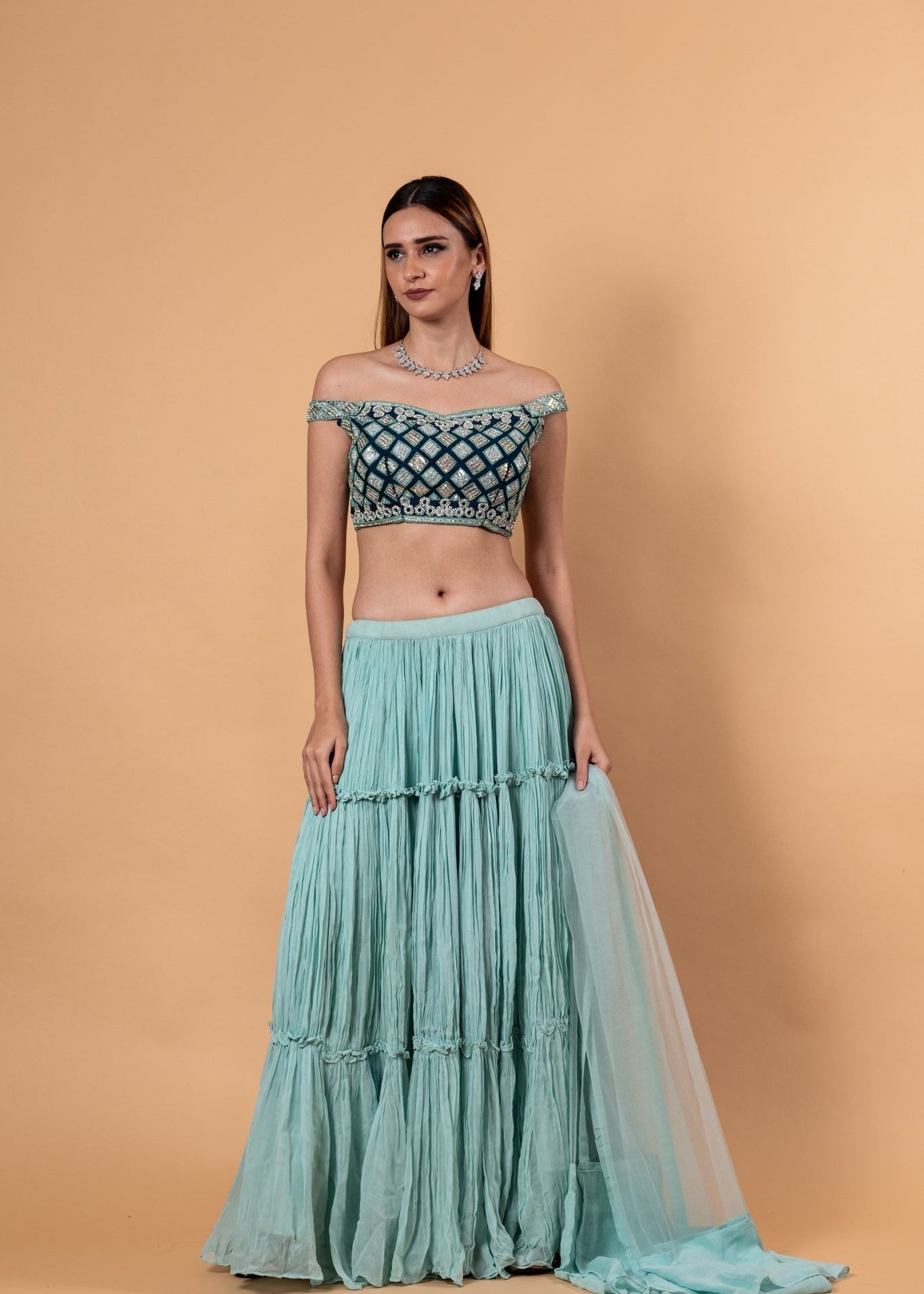 Pastel Blue Lehenga Set With Heavy Embroidered Off Shoulder Choli and Net Dupatta - Anvi Couture