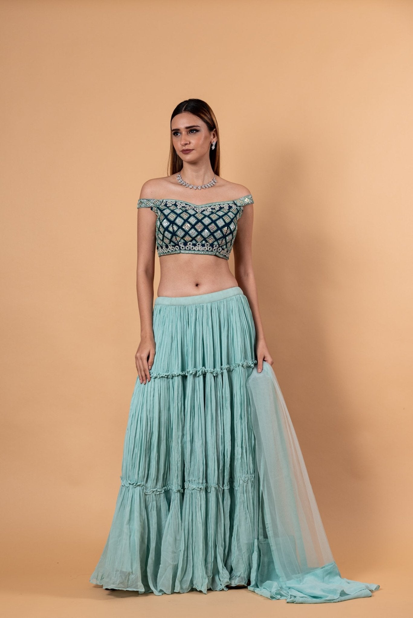 Pastel Blue Lehenga Set With Heavy Embroidered Off Shoulder Choli and Net Dupatta - Anvi Couture