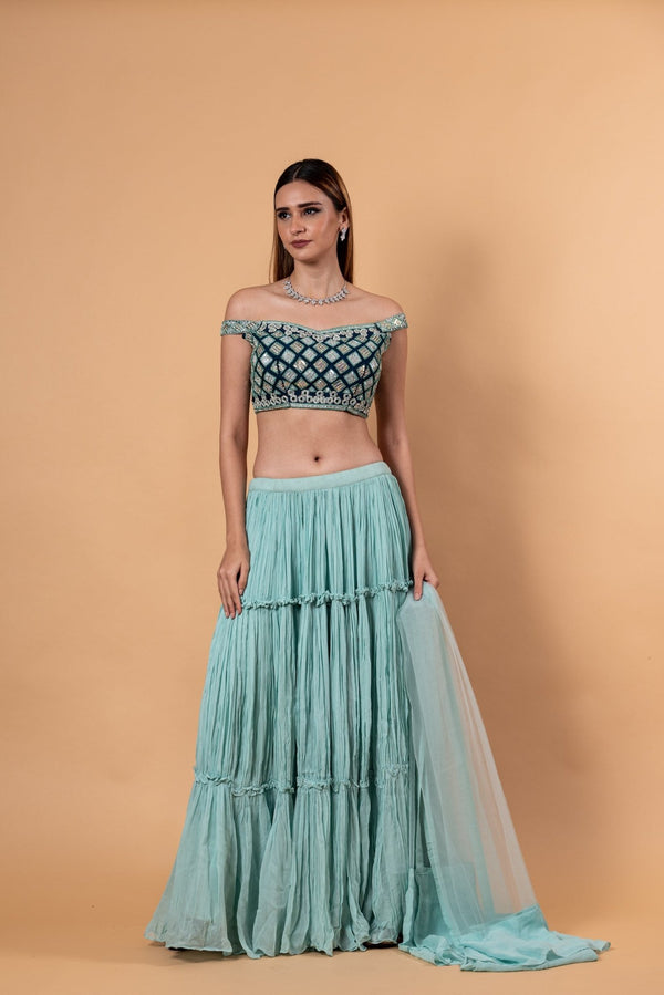 Pastel Blue Lehenga Set With Heavy Embroidered Off Shoulder Choli and Net Dupatta - Anvi Couture