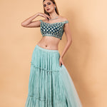 Pastel Blue Lehenga Set With Heavy Embroidered Off Shoulder Choli and Net Dupatta - Anvi Couture