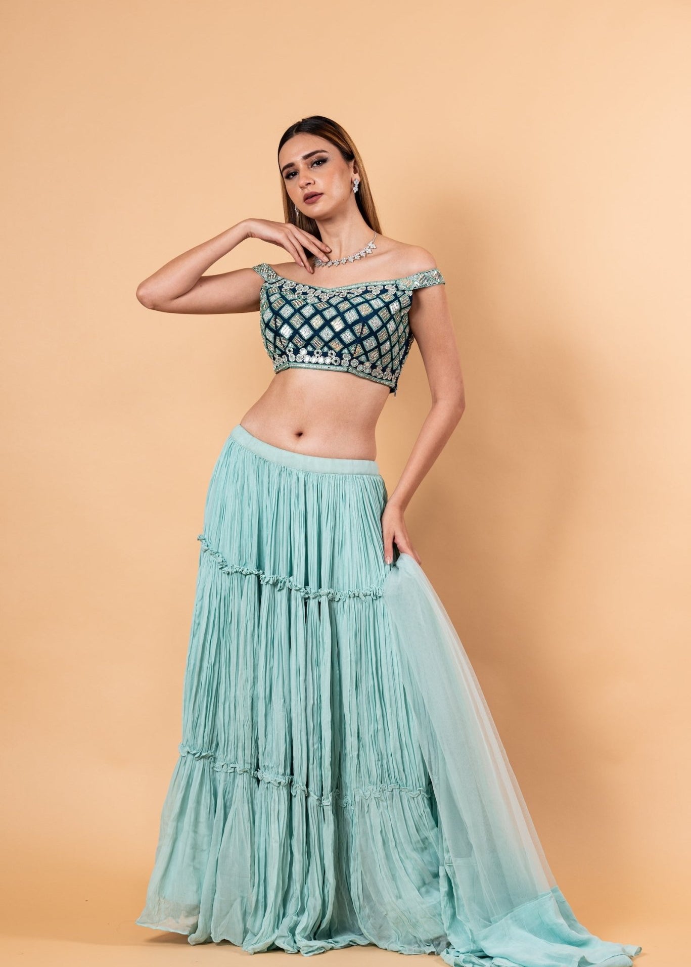 Pastel Blue Lehenga Set With Heavy Embroidered Off Shoulder Choli and Net Dupatta - Anvi Couture