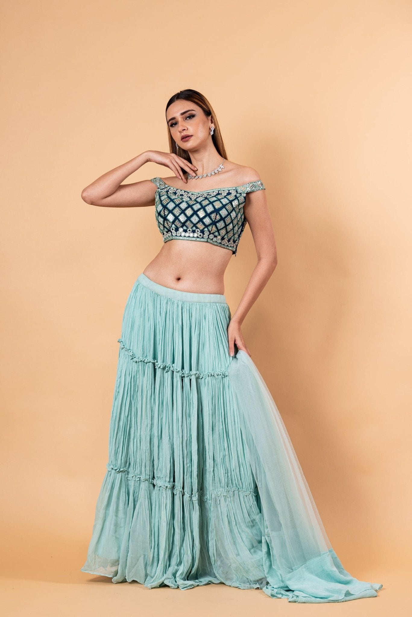 Pastel Blue Lehenga Set With Heavy Embroidered Off Shoulder Choli and Net Dupatta - Anvi Couture