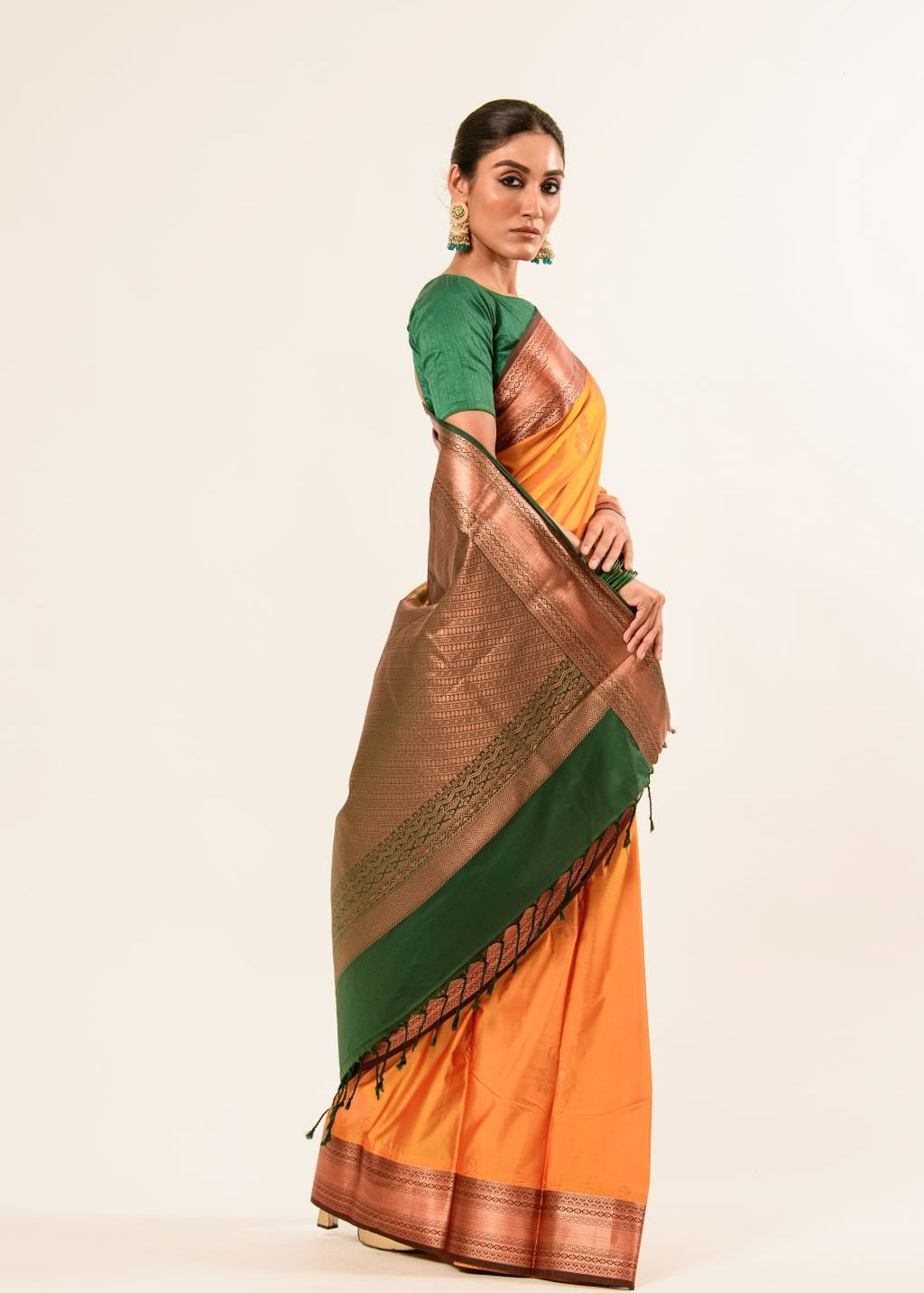 Traditional South Indian Mustard Yellow Kanjeevaram Silk Saree with Green Zari Border - Image 3