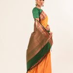 Traditional South Indian Mustard Yellow Kanjeevaram Silk Saree with Green Zari Border - Anvi Couture