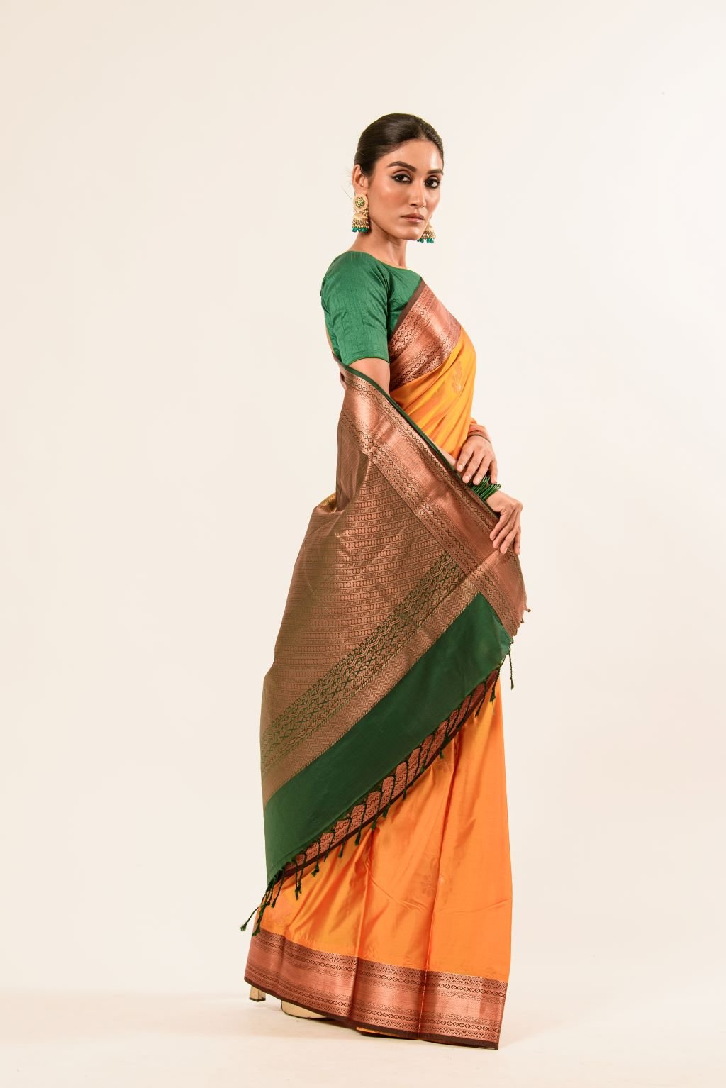 Traditional South Indian Mustard Yellow Kanjeevaram Silk Saree with Green Zari Border - Anvi Couture