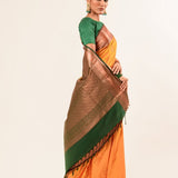 Traditional South Indian Mustard Yellow Kanjeevaram Silk Saree with Green Zari Border - Anvi Couture