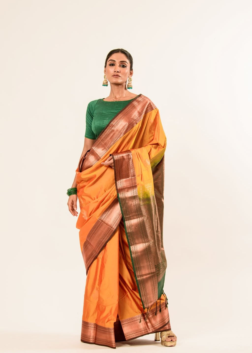 Traditional South Indian Mustard Yellow Kanjeevaram Silk Saree with Green Zari Border - Image 4