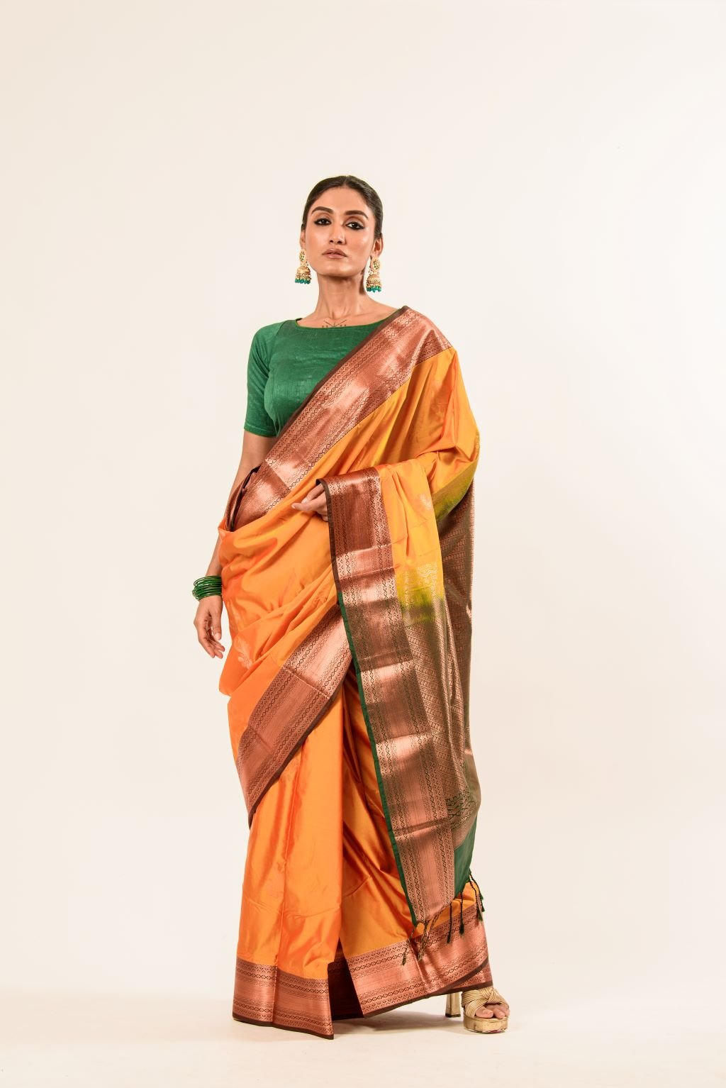 Traditional South Indian Mustard Yellow Kanjeevaram Silk Saree with Green Zari Border - Anvi Couture