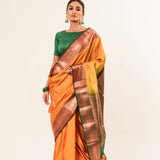 Traditional South Indian Mustard Yellow Kanjeevaram Silk Saree with Green Zari Border - Anvi Couture