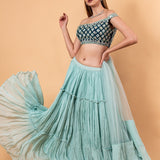 Pastel Blue Lehenga Set With Heavy Embroidered Off Shoulder Choli and Net Dupatta - Anvi Couture