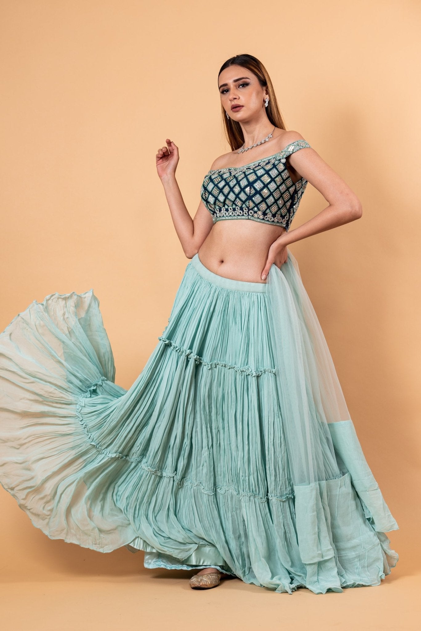 Pastel Blue Lehenga Set With Heavy Embroidered Off Shoulder Choli and Net Dupatta - Anvi Couture