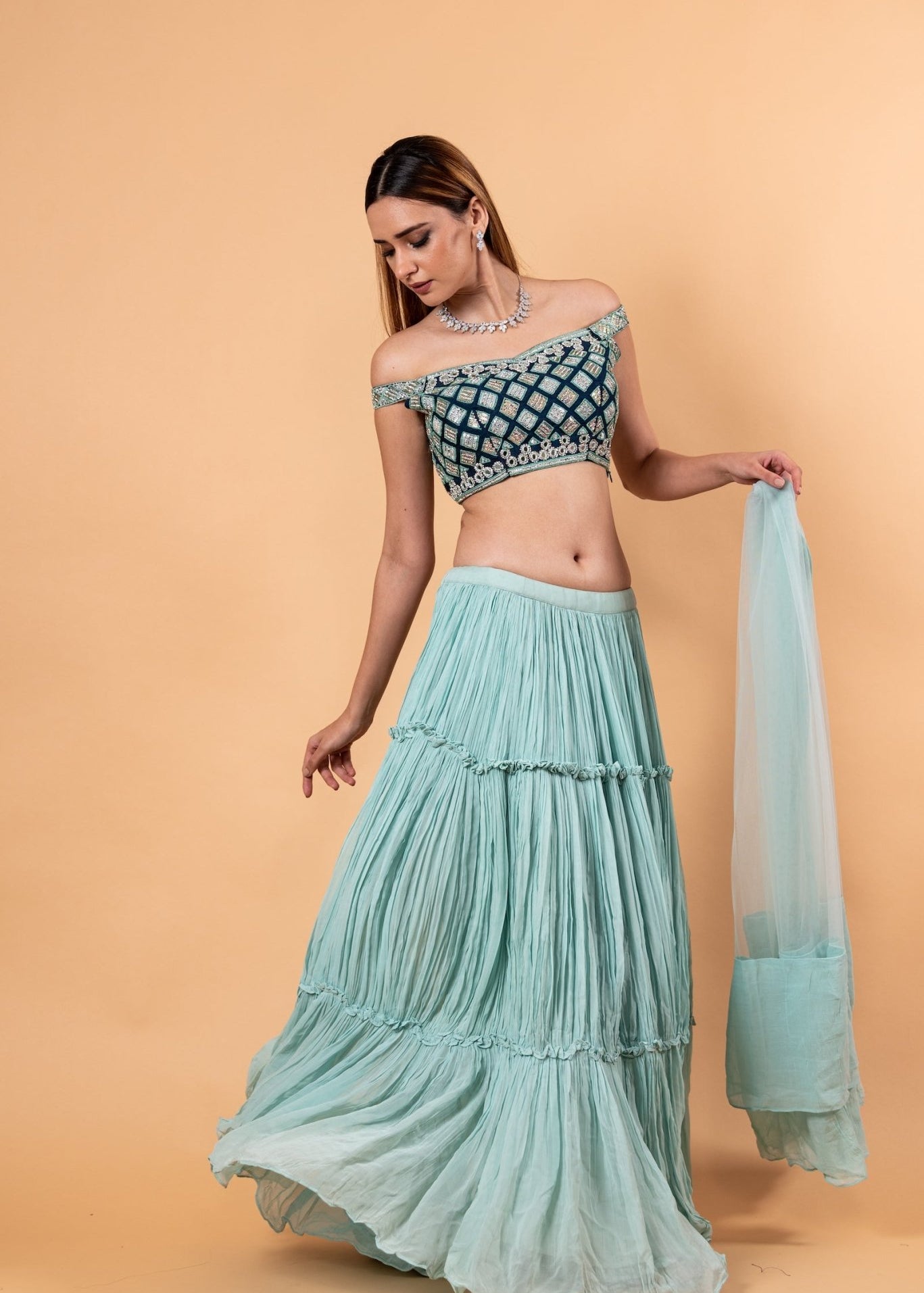 Pastel Blue Lehenga Set With Heavy Embroidered Off Shoulder Choli and Net Dupatta - Anvi Couture