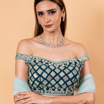 Pastel Blue Lehenga Set With Heavy Embroidered Off Shoulder Choli and Net Dupatta - Anvi Couture