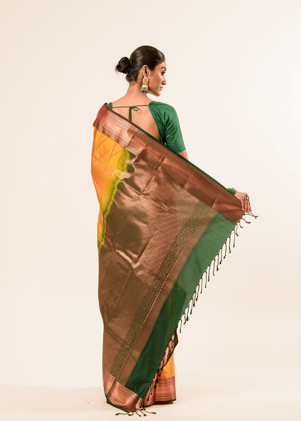 Traditional South Indian Mustard Yellow Kanjeevaram Silk Saree with Green Zari Border - Image 5