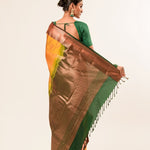 Traditional South Indian Mustard Yellow Kanjeevaram Silk Saree with Green Zari Border - Anvi Couture