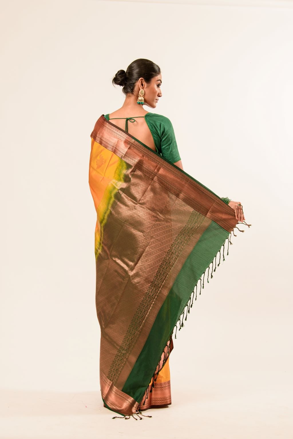 Traditional South Indian Mustard Yellow Kanjeevaram Silk Saree with Green Zari Border - Anvi Couture