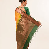 Traditional South Indian Mustard Yellow Kanjeevaram Silk Saree with Green Zari Border - Anvi Couture