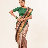 Pink Pure Gadwal Silk Saree with Green Zari Border and Pallu - Anvi Couture