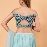 Pastel Blue Lehenga Set With Heavy Embroidered Off Shoulder Choli and Net Dupatta - Anvi Couture